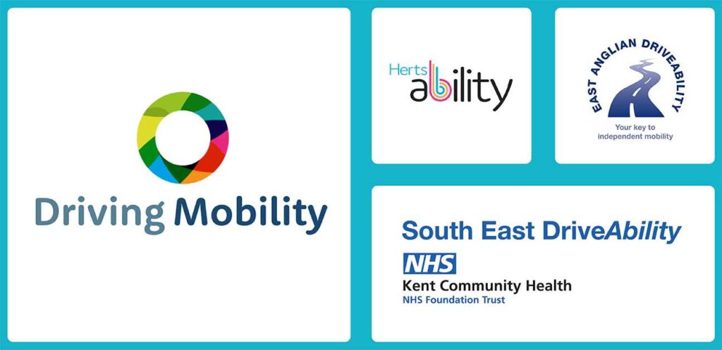 Group of logos for Driving Mobility, Herts Ability, South East DA and East Anglian DA